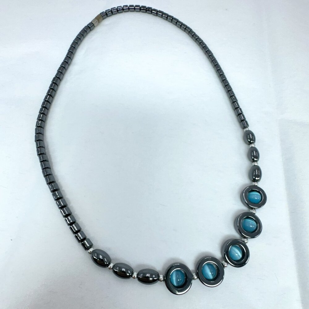 Hematite Beads Necklace with Blue Cat's Eye Stones 20 inches